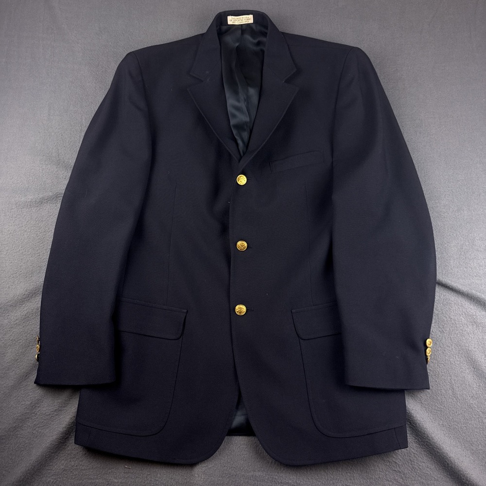 Orvis Blazer Jacket Men's 44 Navy Blue Gold Crest Buttons 3-Button Wool USA Made